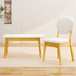 1 Table 2 Chairs 1 Bench Dining Set, Rubber Wood Frame with Beige Upholstered Seats, Natural Wood Finish Rectangular Kitchen Dining Furniture - Image 16