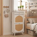 Rattan-front shoe cabinet with 1 drawer and 2 flip-down compartments, particleboard, 54*24*110cm, white