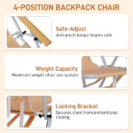 4-Position Adjustable Backpack Beach Chair, Foldable Rustproof Aluminum Frame Lounge Chair with Wooden Armrest, Side Storage Pockets & Detachable Pillow, 24"×22"×37" Outdoor Patio Camping Lawn Chair Holds up to 265 LBS, Orange White Vertical Stripe - Image 7