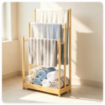  Solid Bamboo Freestanding Towel Rack with 3 Staggered Hanging Bars & Slatted Bottom Storage Shelf, Waterproof Bathroom Towel Drying Holder with Side Stabilizer Bars Rounded Edges Natural Wood Finish - Image 8
