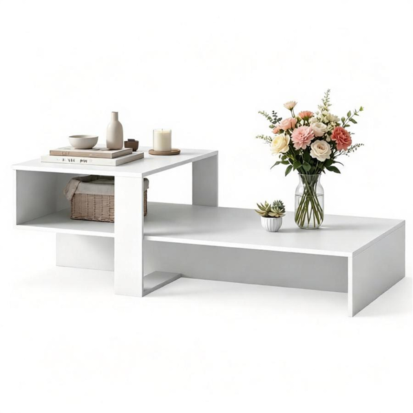 2-Tier Modern Geometric Coffee Table Engineered Wood Low Center Table with Storage Shelf, Waterproof Surface Cross Base Accent Table for Living Room Tea Game Work - White