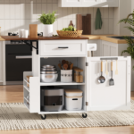 39.3" Farmhouse Kitchen Island with Drop Leaf, Kitchen Storage Island with Open Side Rack, One Drawer, Towel Rack, Rolling Kitchen Cart with Lockable Wheels for Lawn Garden, White - Image 16
