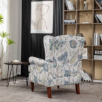 Modern Accent Chair with Retro Wood Legs, Comfy Upholstered Armchair, Floral Design Single Sofa Chair for Living Room Bedroom Office - Floral Blue - Image 4