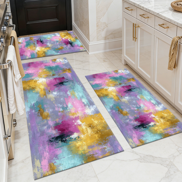 942a8857-65ed-49a9-9469-3546dd8e514b.png Three-piece kitchen rug set, non-slip and washable, abstract pattern kitchen hallway rug, soft and comfortable, suitable for sinks, floors, entrances, hallways and bathrooms. - Image 1