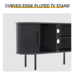 Black Embossed Particle Board TV Stand, Oval Tabletop 147×35×58cm, Entertainment Center with Slatted Sliding Doors, Modern Media Console Cabinet for Living Room - Image 4