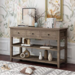 Console Table with Wood Frame and Legs, Sofa Table Entryway Table with 3 Drawers and 2 Open Shelves Wash Gray - Image 5
