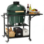 Outdoor Grill Table for Big Green Egg Style BBQ, Heavy Duty Metal Cart Prep Table with Wheels, Storage Shelf, Hooks and Removable Central Cover, Compatible with Large Big Green Egg Grill - Image 3