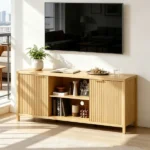 Not selling on Amazon Fluted Double Door Tall TV Stand for TVs up to 70 Inch, Mid Century Media Console Cabinet with Adjustable Open Storage Compartment, Wood Entertainment Center 58.07"L×15.75"D×24.80"H for Living Room Bedroom, Natural Wood