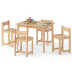 Kids Wooden Table and Chairs Set (1 Table + 4 Chairs), Rubber Wood Toddler Activity Set (Natural