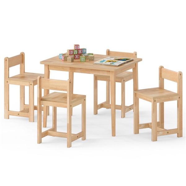 Kids Wooden Table and Chairs Set (1 Table + 4 Chairs), Rubber Wood Toddler Activity Set (Natural