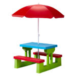 Kids Outdoor Table and Chair Sets with Removable Umbrella, Kids Picnic Table for Backyard Garden Patio, Red & Blue & Green - Image 3