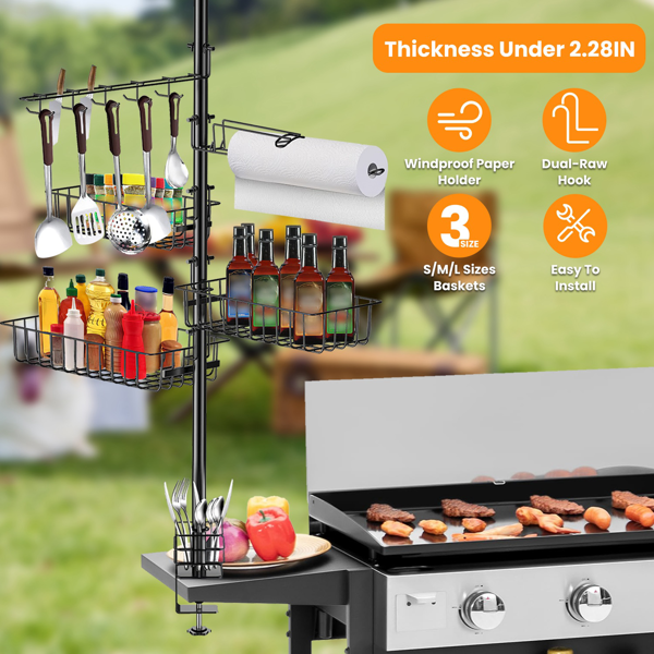 9501aad0-1e31-4601-847d-761daa8b75bf.png Upgraded BBQ Grill Caddy with Paper Towel Holder, Carbon Steel Griddle Storage Rack with Baskets & 10 Hooks, Rustproof Organizer with C-Clamp Base for Griddle Outdoor Table - Image 1