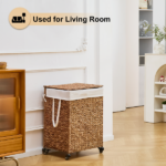 100L 2-Section Laundry Hamper with Lid and Wheels, Woven Natural Water Hyacinth Rolling Laundry Hamper - Image 7