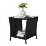Outdoor Patio Wicker Side Table, Square End Table Bistro Coffee Table with Glass Top Storage Shelf for Porch Garden Backyard Black - Image 7