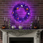 24in Pre-lit Halloween-Themed Christmas Wreath, Lighted Artificial Xmas Wreath with 50 Purple & Orange Lights and 100 PVC Tips and DIY Ball Ornaments, for Front Door Gate Wall Xmas Party Decorations - Image 5