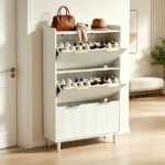 (Do Not Sale on Amazon) 3-Drawer Shoe Cabinet with Top Grille Panel MDF Door Panels with Thermoforming + Champagne Gold Door Seams and Handles + Conical White Solid Wood Legs for the Shoe Cabinet 31.61*9.45*52.95in White - Image 9