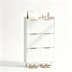 (Do Not Sale on Amazon) 3-Drawer Shoe Cabinet with Top Grille Panel MDF Door Panels with Thermoforming + Champagne Gold Door Seams and Handles + Conical White Solid Wood Legs for the Shoe Cabinet 31.61*9.45*52.95in White - Image 2