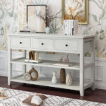 Console Table with Wood Frame and Legs, Sofa Table Entryway Table with 3 Drawers and 2 Open Shelves Antique White - Image 3