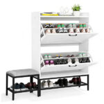 Barn door style shoe cabinet with 2 flip-down compartments, baffle, wire mesh, metal legs with soft pads, and 1 hook. Made of particleboard. Dimensions: 120*24*120cm. Color: White