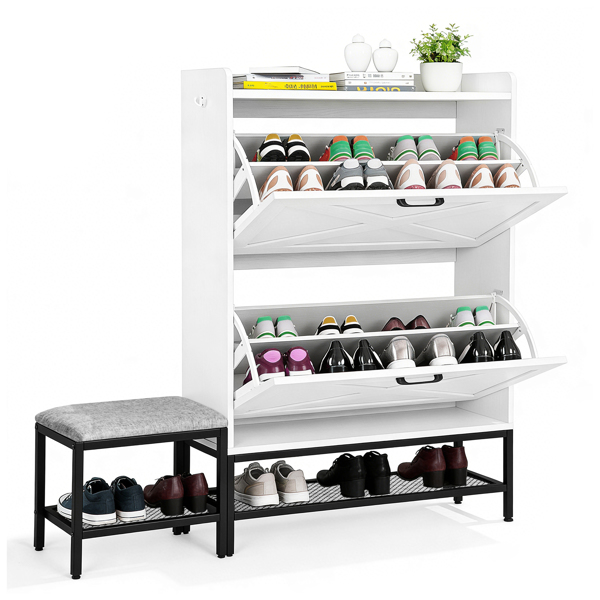Barn door style shoe cabinet with 2 flip-down compartments, baffle, wire mesh, metal legs with soft pads, and 1 hook. Made of particleboard. Dimensions: 120*24*120cm. Color: White