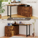 Reversible L-Shaped Desk with Built-in Charging Station, Home Office Desk with Drawers & File Cabinet - Rustic Brown - Image 7