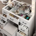 Vanity Desk Set with Large Lighted Mirror and Powre Outlet, Glass Top Makeup Vanity with 9 Drawers, Vanity Table with 12 LED Lights, 3 Lighting Color Adjustable, White - Image 9