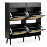 Rattan shoe cabinet with 2 drawers and 4 flip-tops, made of particleboard, 105*24*110cm, black - Image 2