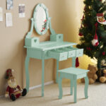 Kids Vanity Set with Mirror and Lights and Stool, 5 Storage Drawers, Pretend Play Princess Makeup Desk Dressing Table and Stool Set for Little Girls Age 3+, Macaroon Green - Image 4