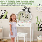 Black and white panda MDF painted finish, solid wood legs, 1-drawer children's dressing table set, LED three-color backlit touch switch - Image 10