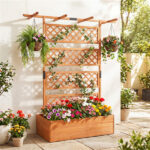 72" Raised Garden Bed with Lattice Trellis, 4.8 Cu.Ft Fir Wood Planter Box with Drainage Holes for Climbing Plants Vegetables - Orange - Image 4