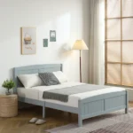 Full Single Bed Frame Vertical Striped Decorative Curved Headboard and Footboard Bed Frame Painted + Melamine Veneer & Pine + MDF Wood Bed 77.8*56.54*37.8in Grey