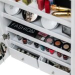 Non Full Mirror Wooden Wall Mounted 4-Layer Shelf, 2 Drawers, 8 Blue LED Lights, Jewelry Storage Mirror Cabinet - White - Image 7