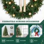 48in Pre-lit Christmas Wreath, Lighted Artificial Xmas Wreath with 150 Warm White Lights and 450 PVC Tips and DIY Ornaments, for Front Door Gate Wall Xmas Party Decorations, Light Green & Golden - Image 2