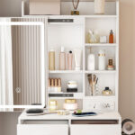 Small Makeup Vanity Desk with Mirror & Adjustable LED Lights,Built-in Power Outlet & Hidden Storage, Includes padded stool & Shelf,Space-Saving Dressing Table for Small Bedrooms,White - Image 7