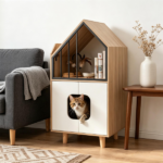 Natural & White Hidden Cat Litter Box Furniture, Elevated Cat Lounge Top Enclosed Cat Washroom Cabinet with Raised Legs for Living Room Bedroom Apartment - Image 4