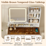 Makeup Vanity with LED Lighted Mirror, 360° Rotatable Mirror, Vanity Desk with 2 Drawers,Power Outlet and 3-Tier Shelves, Amber Glass Table Top, Dressing Table with Sturdy Metal Leg and Stool, White - Image 7