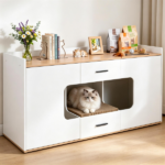 Large Cat Litter Box Enclosure Furniture with Storage Drawers & Built-In Scratching Board, Hidden Cat Washroom Cabinet with Anti-Tipping Kit for Living Room Bedroom - Image 4