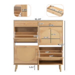 Rattan-front shoe cabinet with 2 drawers and 4 flip-down compartments, made of particleboard, 105*24*110cm, natural wood color - Image 4