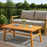 Outdoor Wood Coffee Table, 42" Farmhouse Side Table for Patio, Solid Cedar Wood Accent Table with Slatted Tabletop for Garden Poolside Lawn Living Room, Teak Wood Finish - Image 7