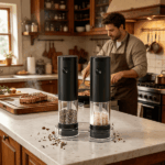 2PCS electric salt and pepper grinder set, portable and practical, with one handed button control, adjustable thickness, black pepper grinder