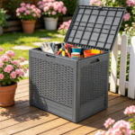 25 Gallon Outdoor Deck Box, Weatherproof PP Storage Chest with Rattan Texture, Lockable Patio Organizer Box as Side Table Extra Seat - Gray - Image 8
