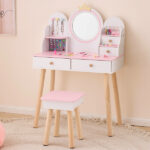 White and pink crown element, MDF + particleboard + solid wood legs, painted and melamine laminated, 4-drawer children's dressing table set - Image 11
