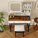Makeup Vanity with LED Lighted Mirror, 360° Rotatable Mirror, Vanity Desk with 2 Drawers,Power Outlet and 3-Tier Shelves, Amber Glass Table Top, Dressing Table with Sturdy Metal Leg and Stool, White - Image 10