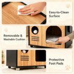Wooden Cat Cave House with Dual-Use Sisal Scratching Post Handle, Engineered Wood Indoor Cat Condo with Hanging Bell Ball Removable Washable Cushion Anti-Scratch Foot Pads for Small Medium Cats Natural Black - Image 6