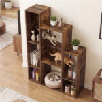 Cat Bookshelf Cabinet (Rustic Brown), 8 Organized Storage Sections & Multiple Climbing Platforms - Image 2