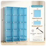 3-Cube Blue Modular Kids Closet, PP & Metal Storage Organizer with Hanging Rods, Tool-Free Assembly Baby Wardrobe for Clothes Toys Books - Image 8