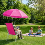1 Pack Folding Beach Chair with Umbrella, XL Size, 15" Seat Height, Barbie Pink, Steel Spring Chair with Cross Bar, Oxford Cloth, 120kg Capacity - Image 10