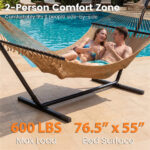 2-Person Polyester Caribbean Hammock with Hardwood Spreader Bars, 600lbs Weight Capacity Double Hammock for Patio Garden-Khaki - Image 9