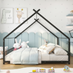 Full Size Metal House Bed Frame, Montessori Floor Bed with Safety Side Guard Rails, No Box Spring Needed, House-Shaped Platform Bed for Kids Toddlers Boys Girls, Black - Image 13