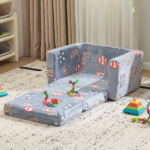 Kids Foldable Sofa Bed with Night Glow – 2-in-1 Convertible Children’s Lounge Chair, Soft Flannel Fabric, High Resilience Sponge, Removable Cover, Safe Round Edge Design – Gray Blue Sports Ball Pattern - Image 7
